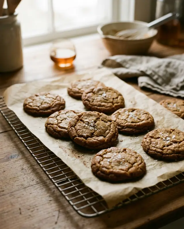 Brown butter cookies cooling on a wire rack