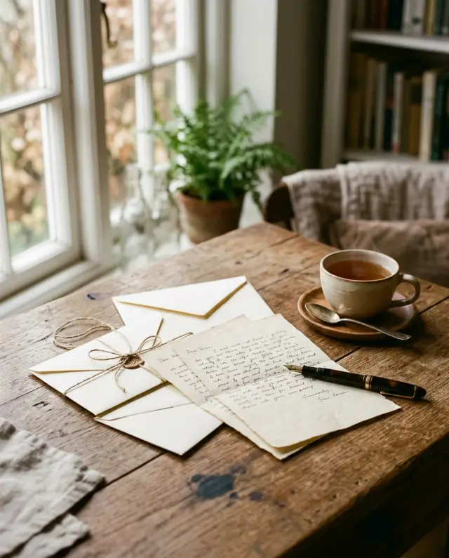 Letters and envelopes on a wooden table next to a cup of tea